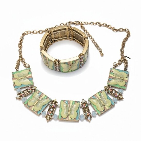 Kirks Folly Jewelry - Kirks Folly 80s Enamel Butterfly Stretch Rhinestone Bracelet Panel Necklace Set